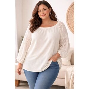 Talbots Cream Textured Peasant Blouse Womens Petite Plus 2X Cotton Blend Top